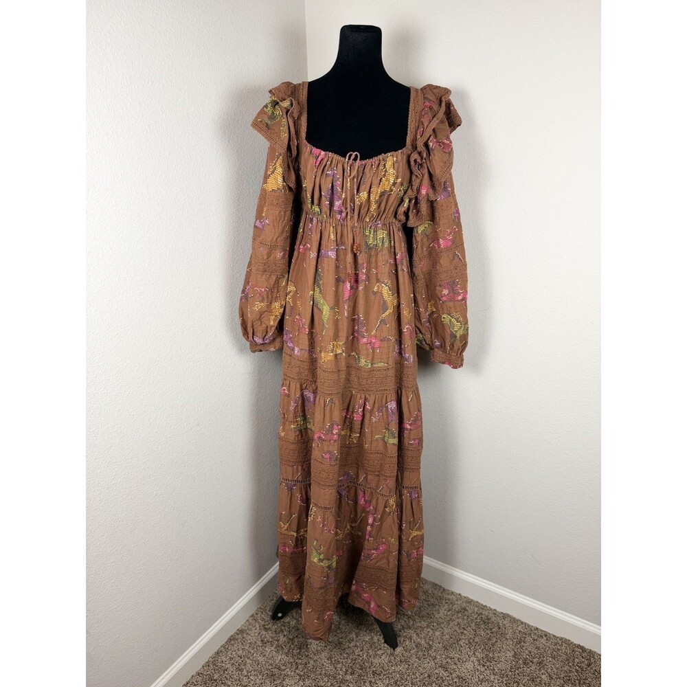 Farm Rio Dotted Horse Maxi Dress Small Brown Boho Ruffle Sleeve  Cotton Dress